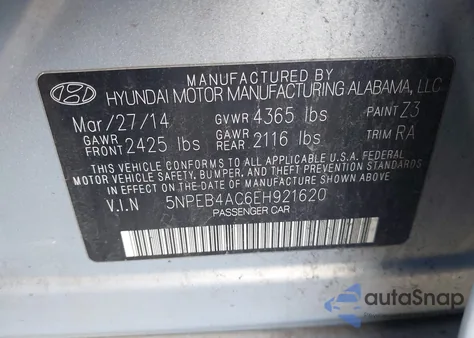 2014 Hyundai Sonata Gls from USA, damaged, VIN 5NPEB4AC6EH921620